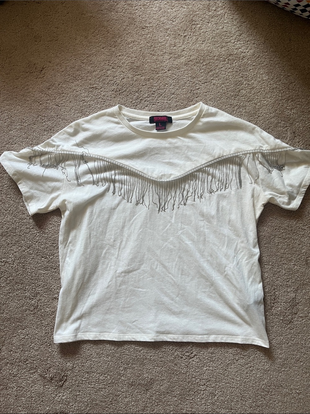 White Fringe Short Sleeve Tee